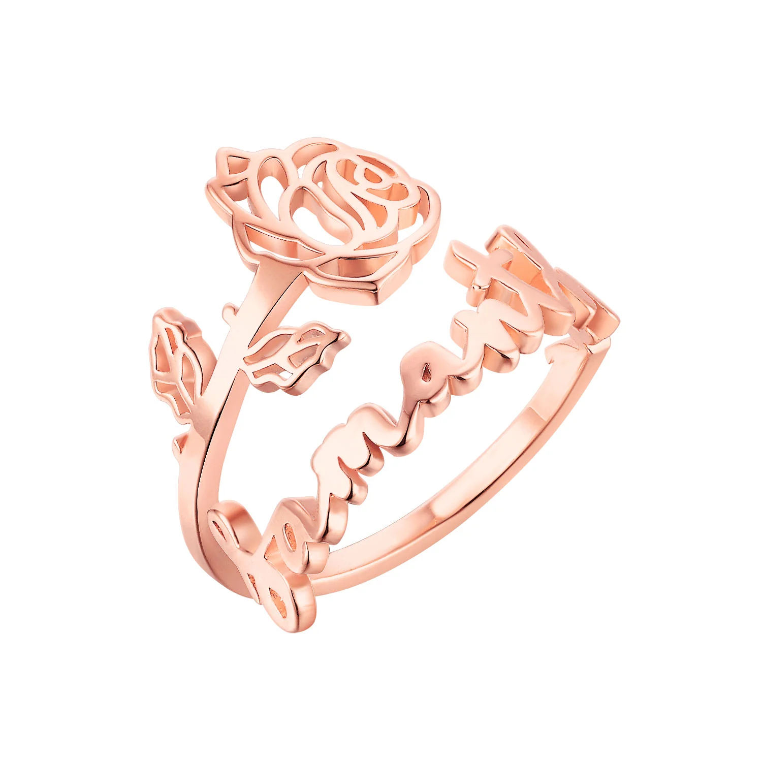 Rose Gold Plated Script Name and Birthmonth Flower Bypass Ring - Image 3