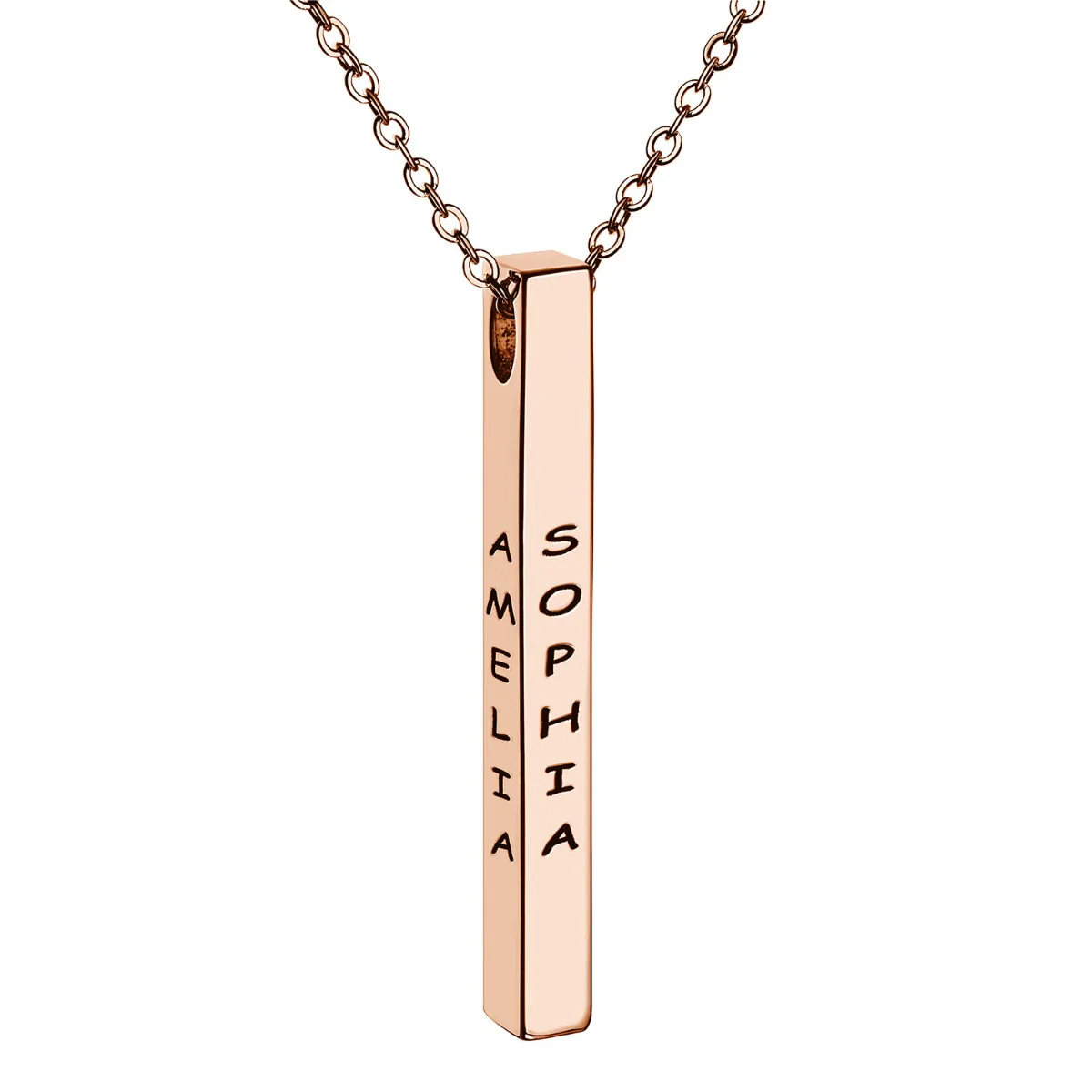 14K Rose Gold Plated Vertical 4-Sided Engraved Family Name Necklace - Image 2