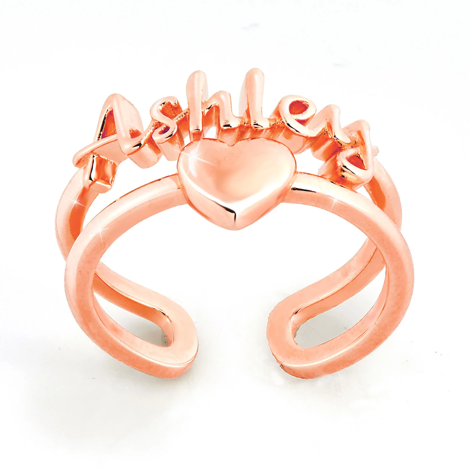 Rose Gold Script Name and Heart Double Row Ring
