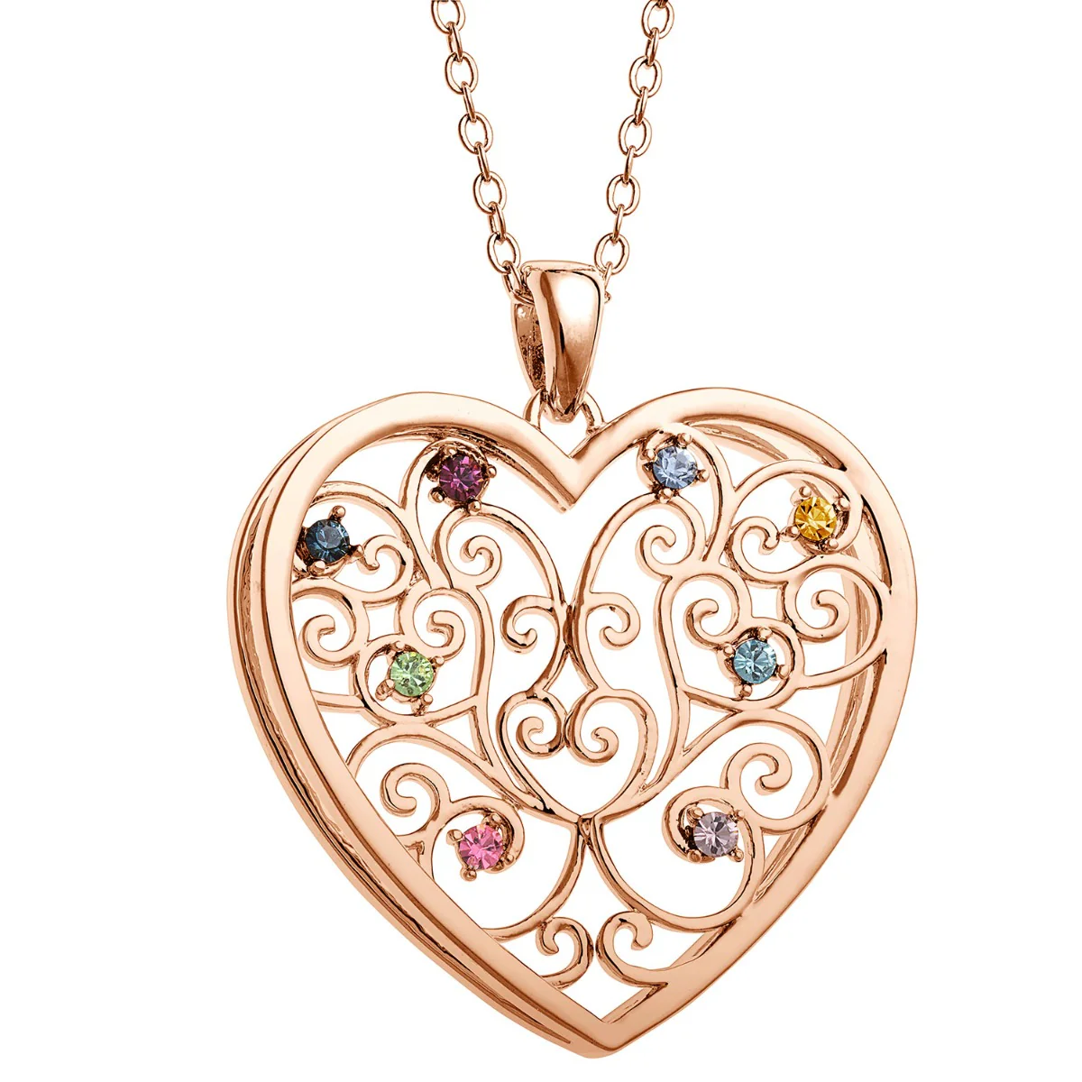 14K Rose Gold Plated 3D Family Filigree Heart Pendant