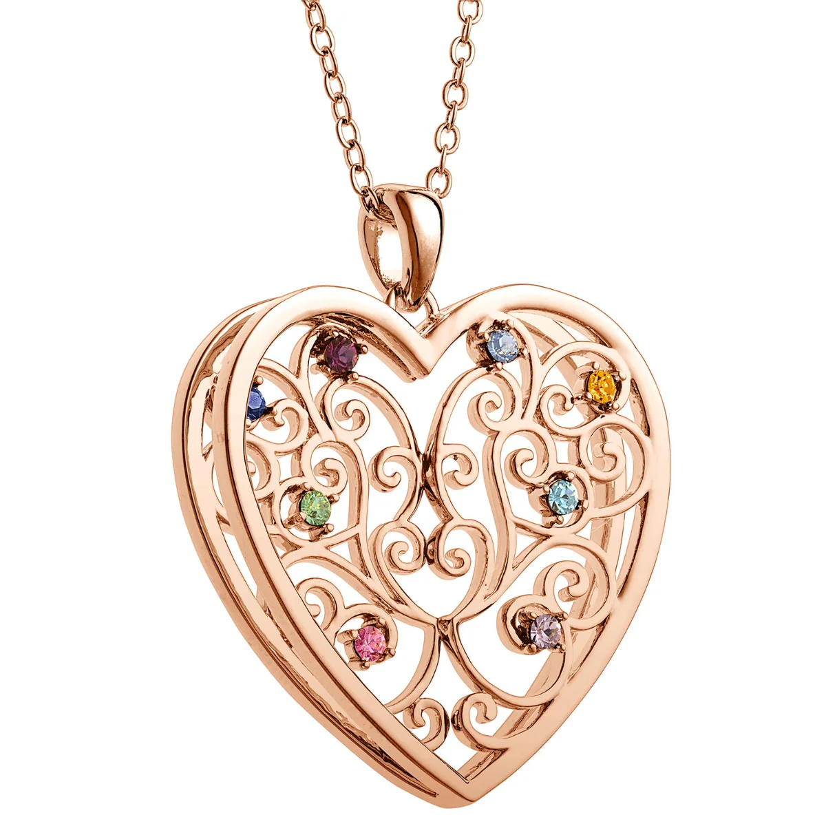 14K Rose Gold Plated 3D Family Filigree Heart Pendant - Image 2