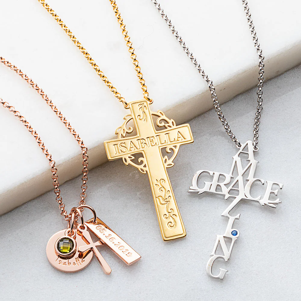 14K Rose Gold Plated Amazing Grace Cross with Birthstone Necklace - Image 4