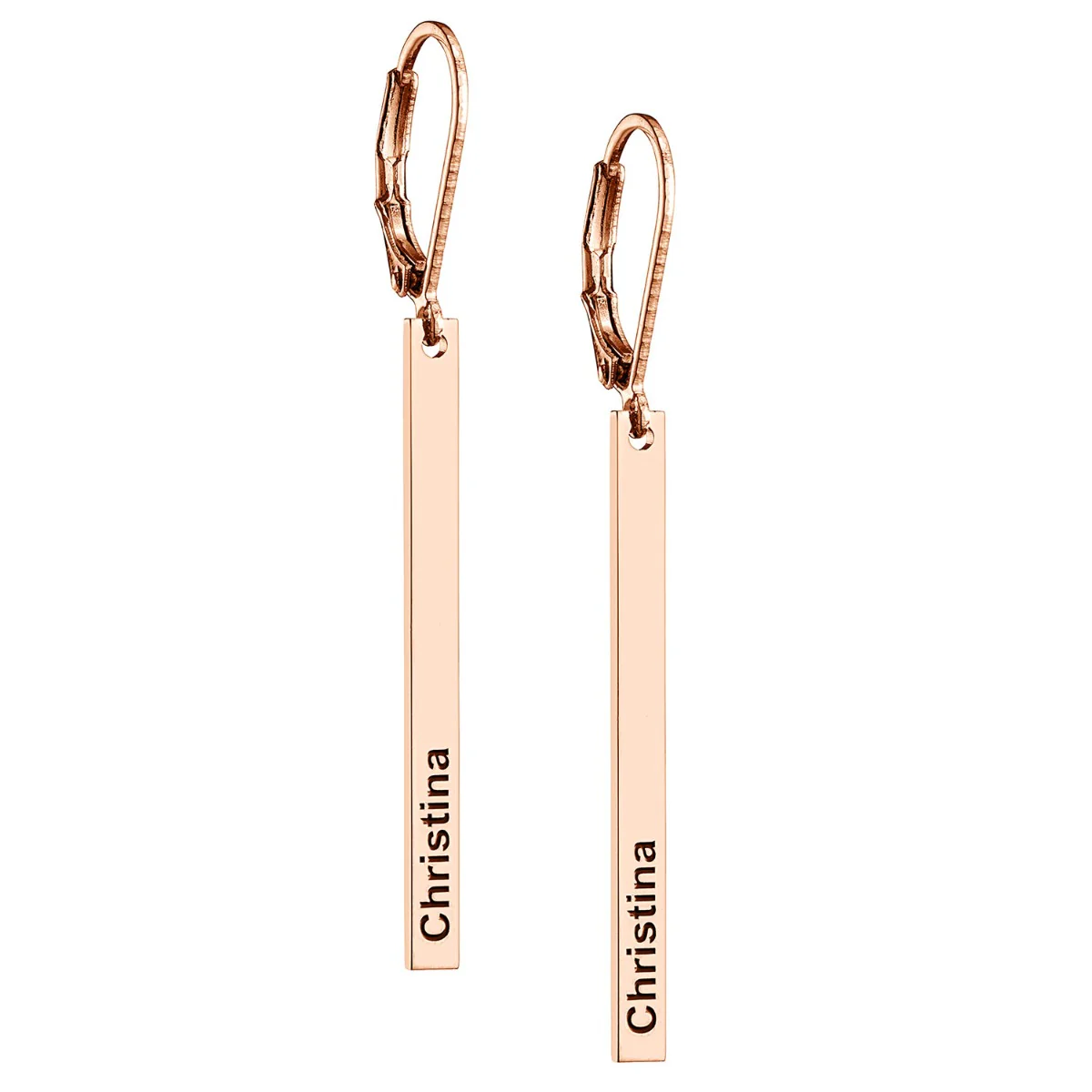 14K Rose Gold Plated English Name Vertical Bar Leverback Earrings