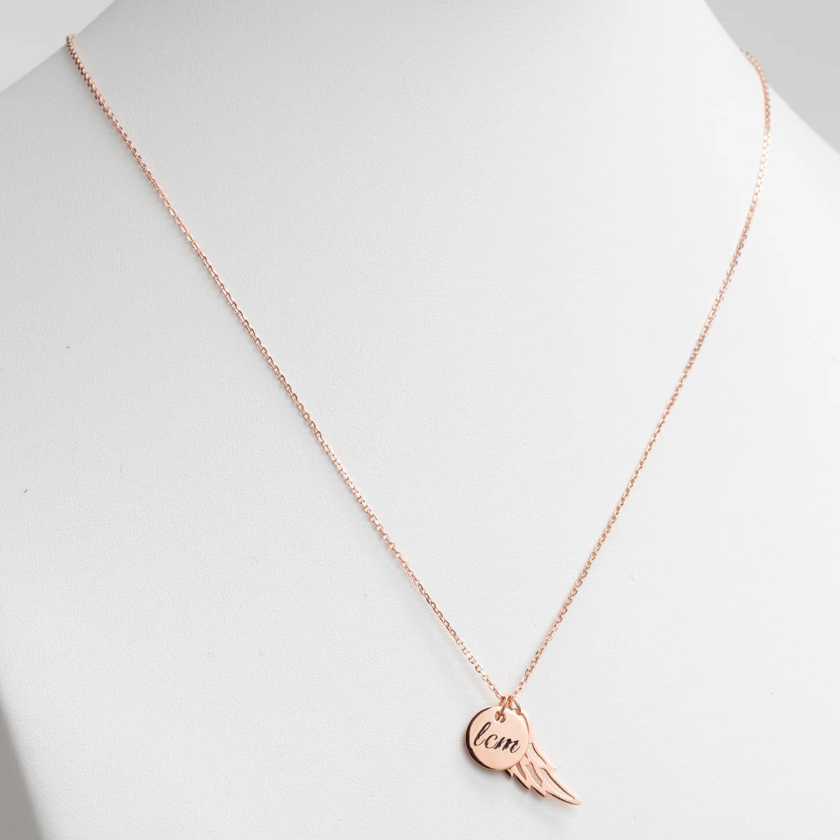 14K Rose Gold Plated Engraved Initials Disc with Angel Wing Necklace - Image 2