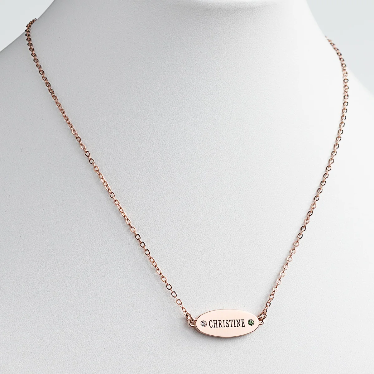 14K Rose Gold Plated Engraved Name and Birthstone Oval Plaque Necklace - Image 2