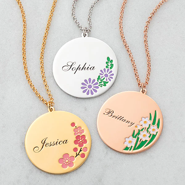 14K Rose Gold Plated Engraved Name and Enamel Birth Flower Necklace - Image 8
