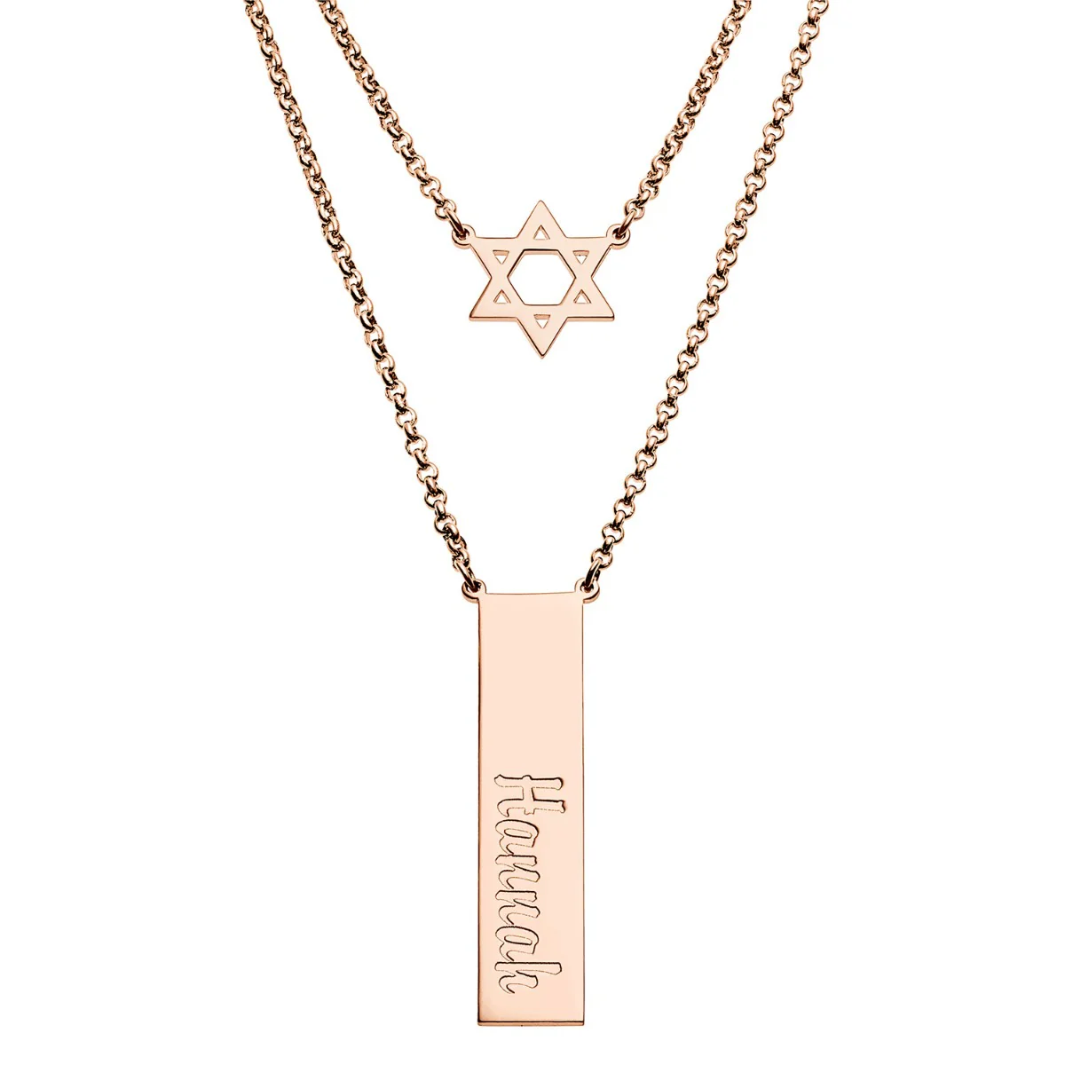 14K Rose Gold Plated Engraved Name Bar and Star of David Layered Double Necklace