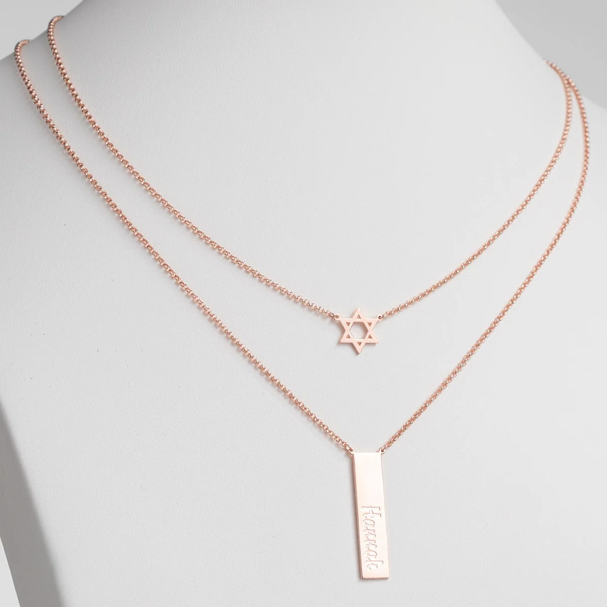 14K Rose Gold Plated Engraved Name Bar and Star of David Layered Double Necklace - Image 2
