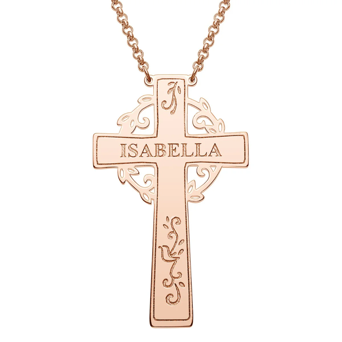 14K Rose Gold Plated Engraved Name Cross with Vines Necklace