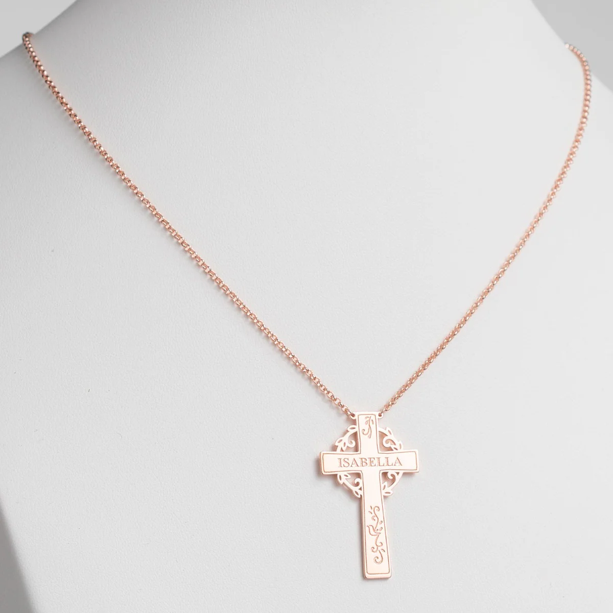 14K Rose Gold Plated Engraved Name Cross with Vines Necklace - Image 2