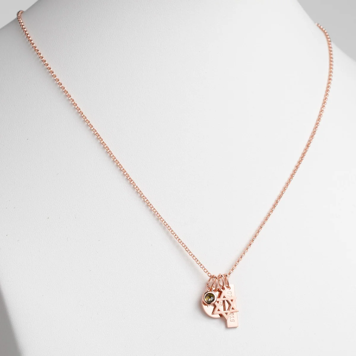 14K Rose Gold Plated Engraved Name, Date, Birthstone and Star of David Cluster Necklace - Image 2