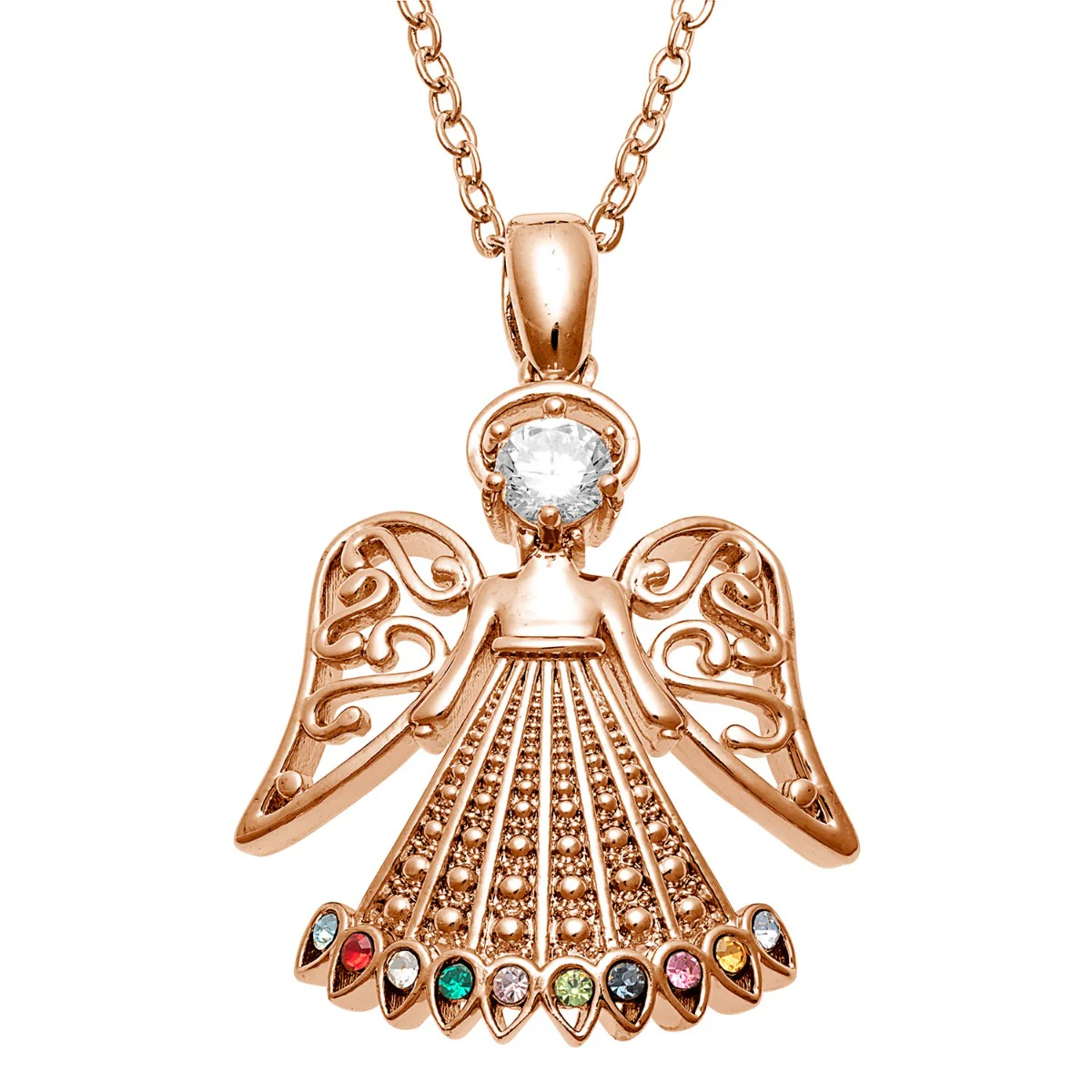14K Rose Gold Plated Guardian Angel Filigree Birthstone Necklace