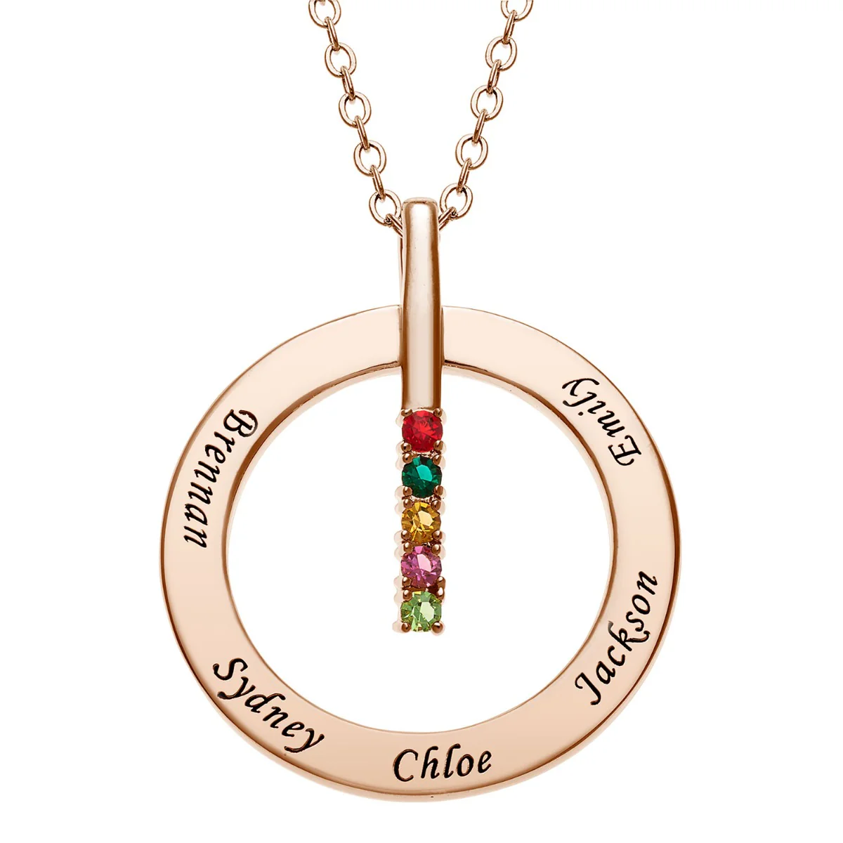 14K Rose Gold Plated Family Name and Birthstone Circle Necklace