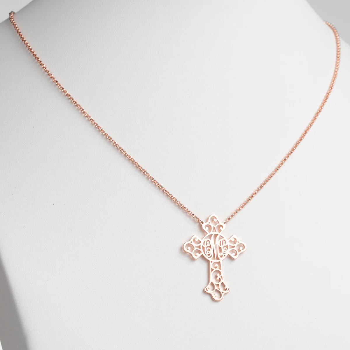 14K Rose Gold Plated Filigree Cross with Monogram Necklace - Image 2