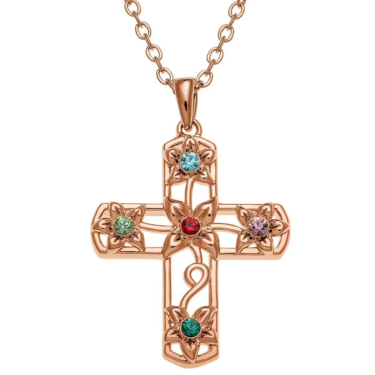 14K Rose Gold Plated Flower Cross Birthstone Pendant
