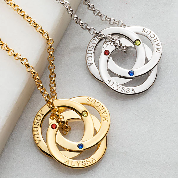 14K Rose Gold Plated Interlocking Rings with Birthstones Name Necklace