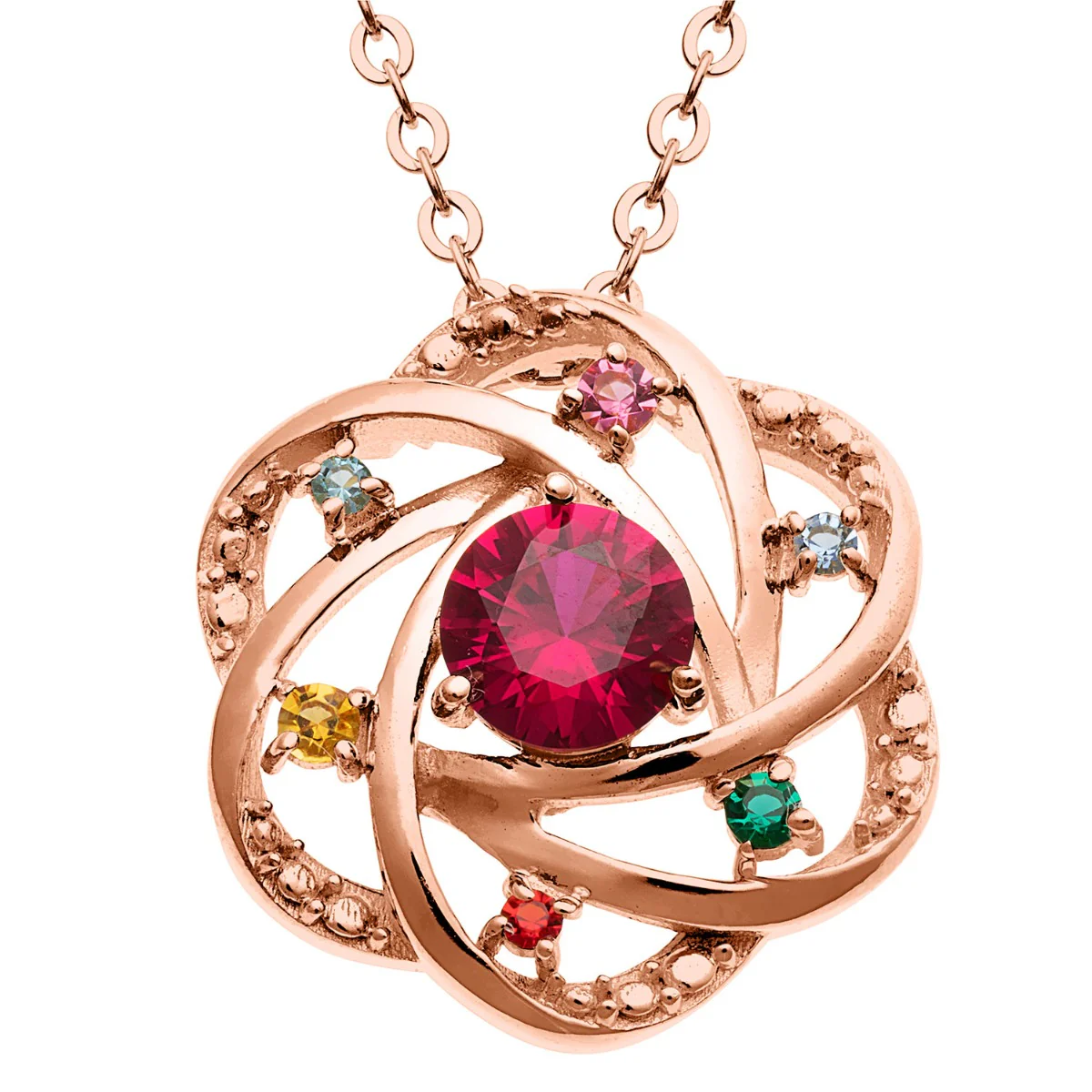14K Rose Gold Plated Mother and Family Birthstone Swirl Necklace