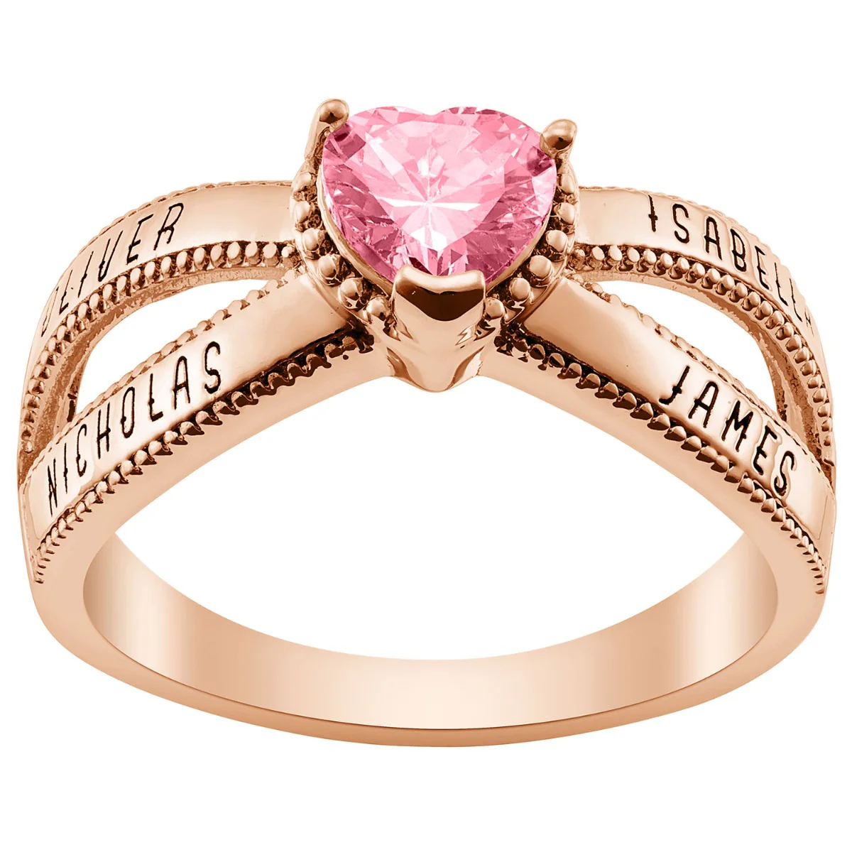 14K Rose Gold Plated Mother's Heart Birthstone Family Name Ring