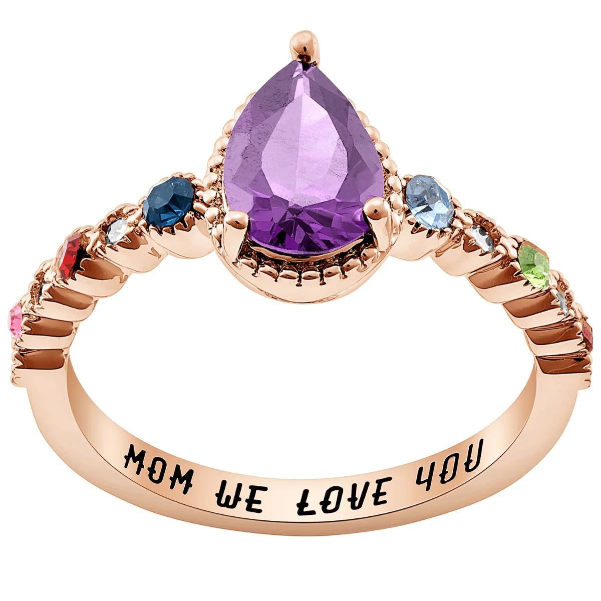 14K Rose Gold Plated Mother's Pear and Family Birthstone Ring