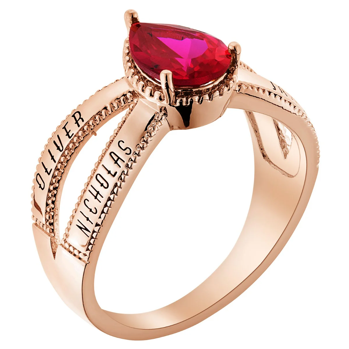 14K Rose Gold Plated Mother's Pear Birthstone Family Name Ring - Image 2