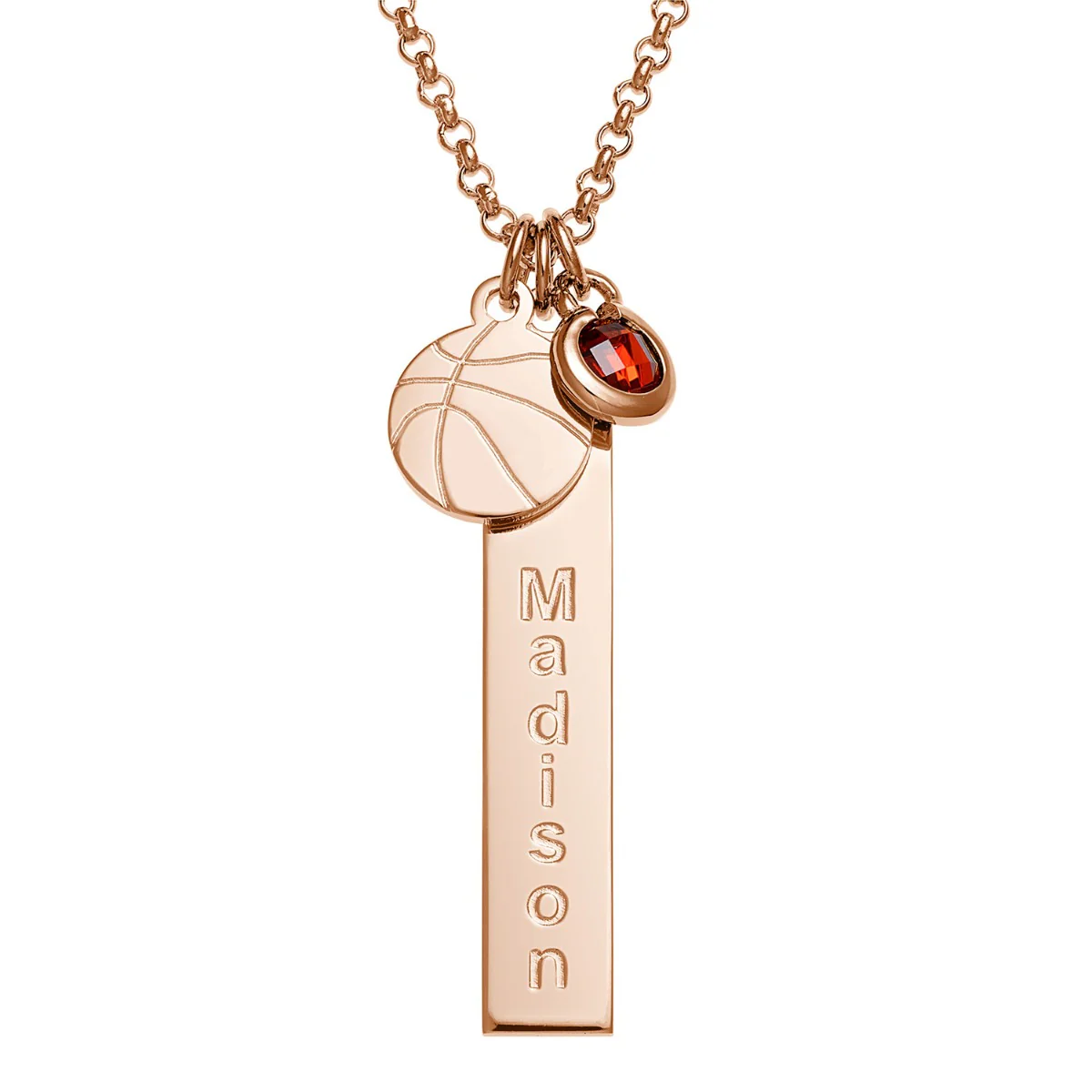 14K Rose Gold Plated Name Necklace with Basketball Charm and Birthstone Dangle - Image 4