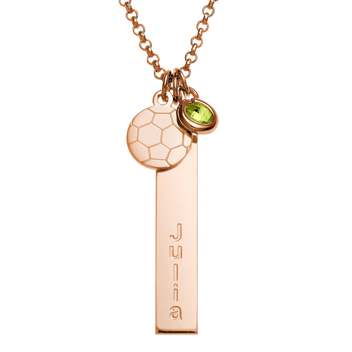 14K Rose Gold Plated Name Necklace with Soccer Ball Charm and Birthstone Dangle - Image 4