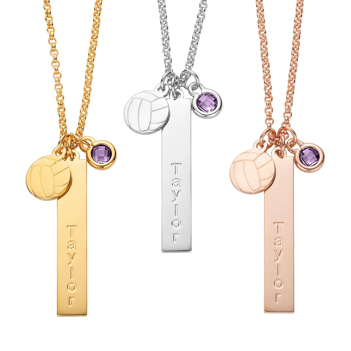 14K Rose Gold Plated Name Necklace with Volleyball Charm and Birthstone Dangle - Image 2