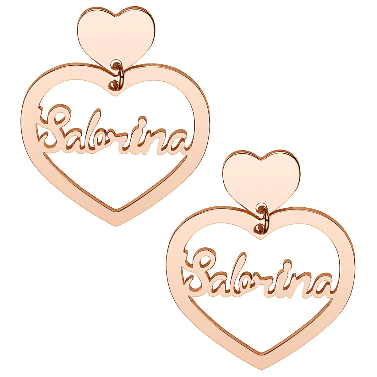 14K Rose Gold Plated Script Name Double Heart Dangle Earrings