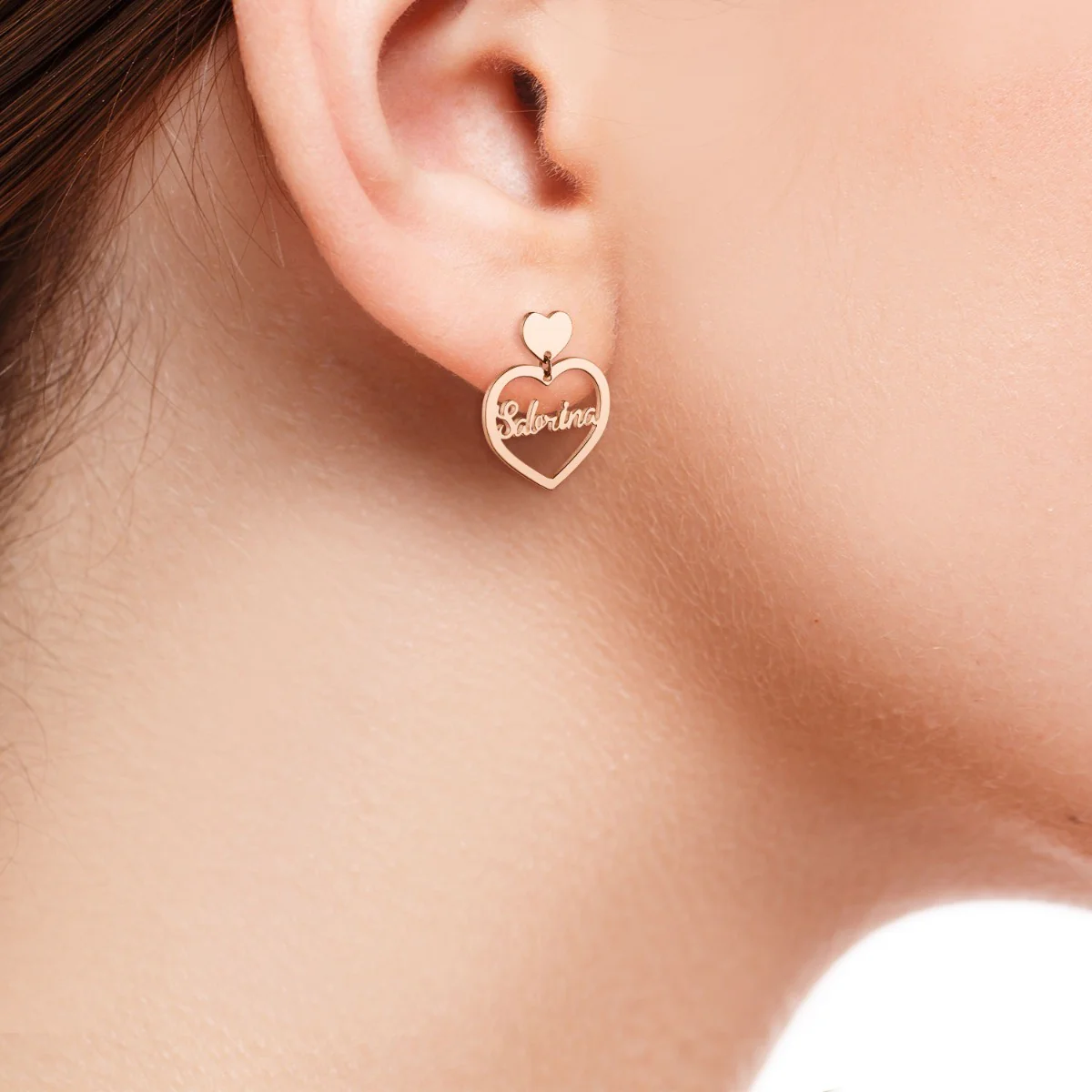 14K Rose Gold Plated Script Name Double Heart Dangle Earrings - Image 2
