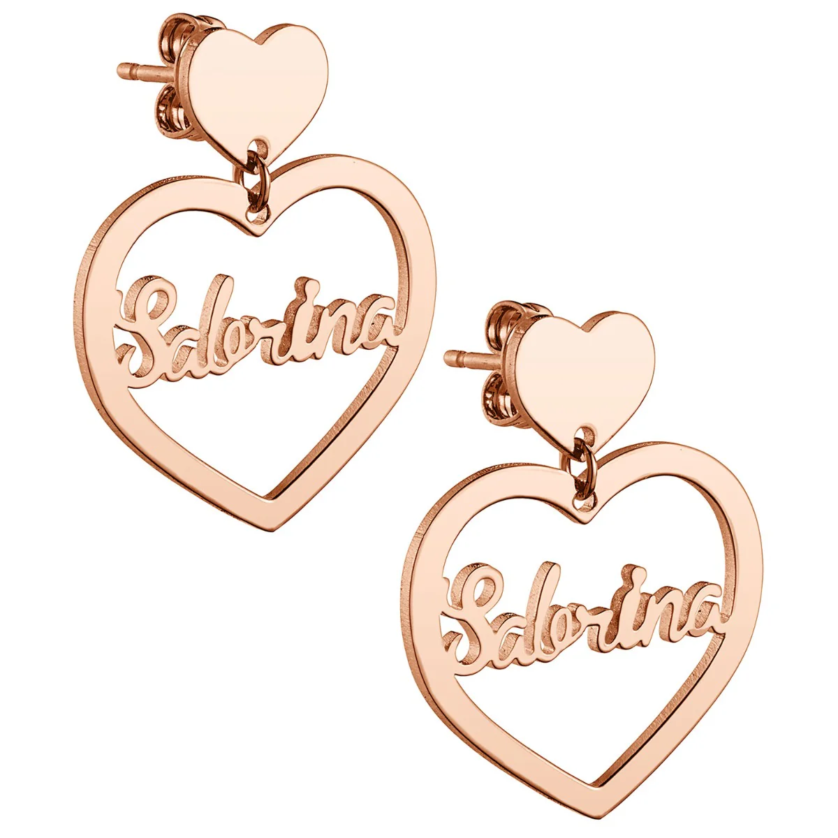14K Rose Gold Plated Script Name Double Heart Dangle Earrings - Image 3