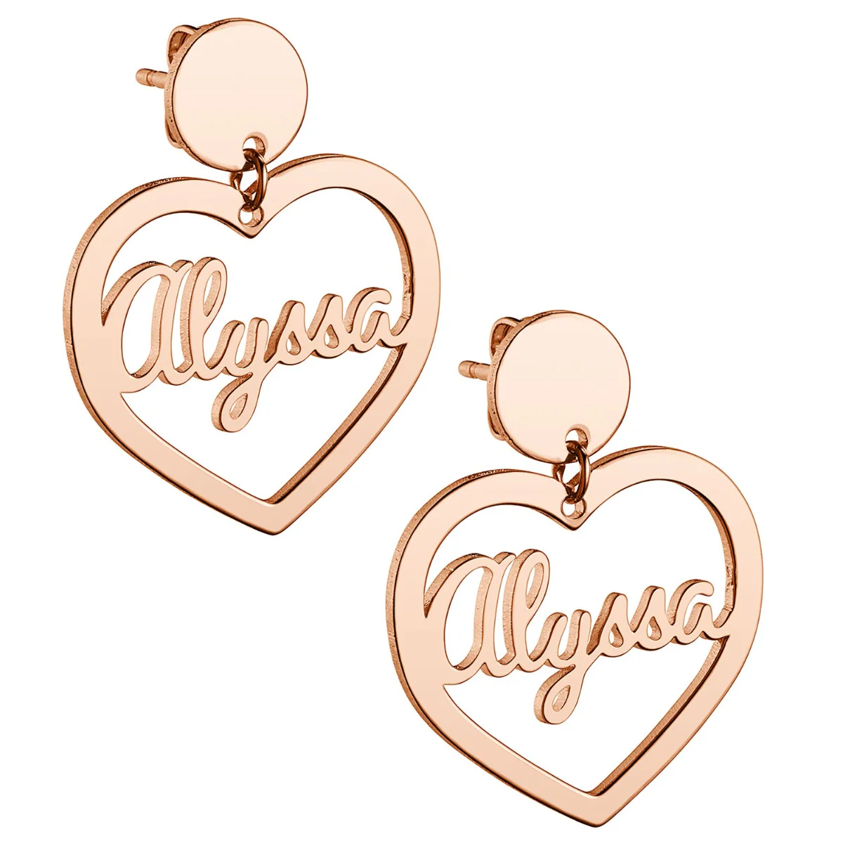 14K Rose Gold Plated Script Name Heart with Circle Dangle Earrings - Image 3