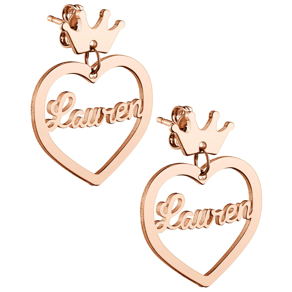 14K Rose Gold Plated Script Name Heart with Crown Dangle Earrings - Image 3