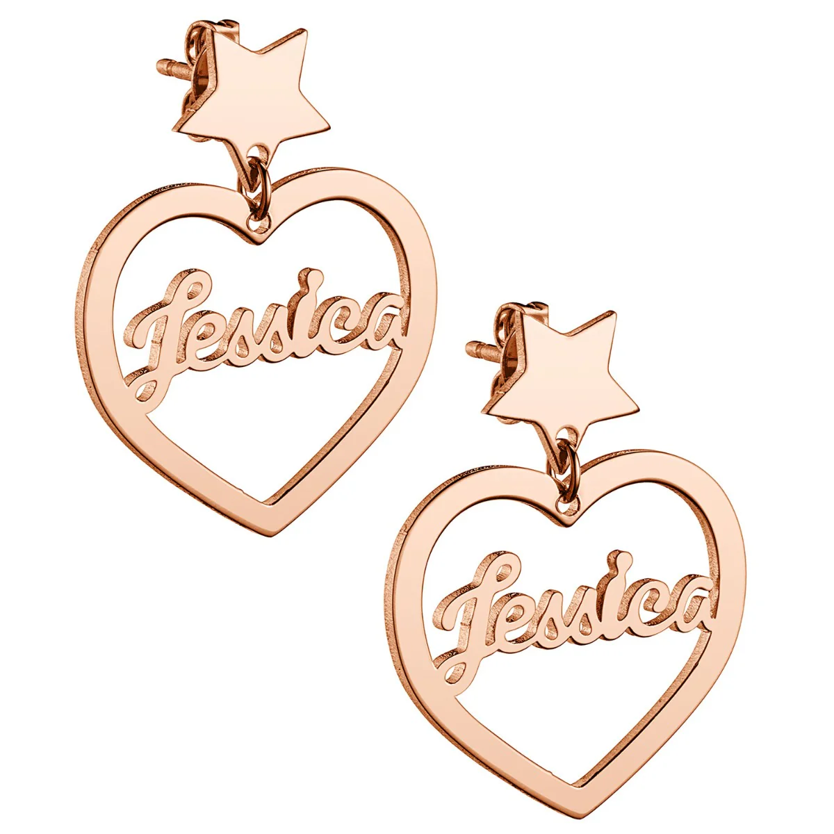 14K Rose Gold Plated Script Name Heart with Star Dangle Earrings - Image 3