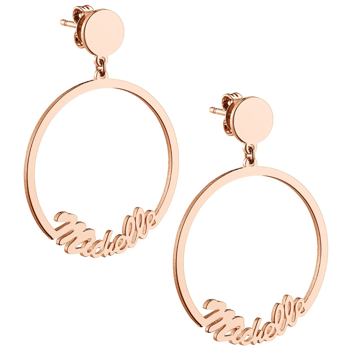 14K Rose Gold Plated Script Name with Circle Dangle Earrings - Image 3
