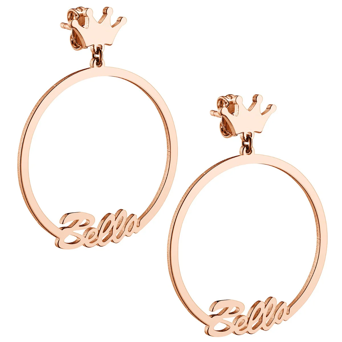 14K Rose Gold Plated Script Name with Crown Dangle Earrings - Image 3