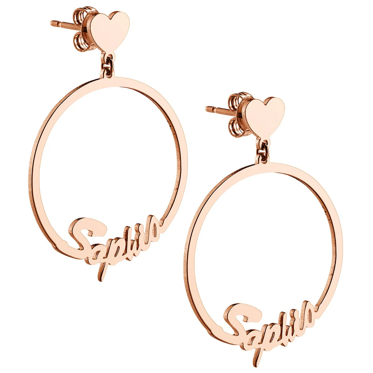 14K Rose Gold Plated Script Name with Heart Dangle Earrings - Image 3