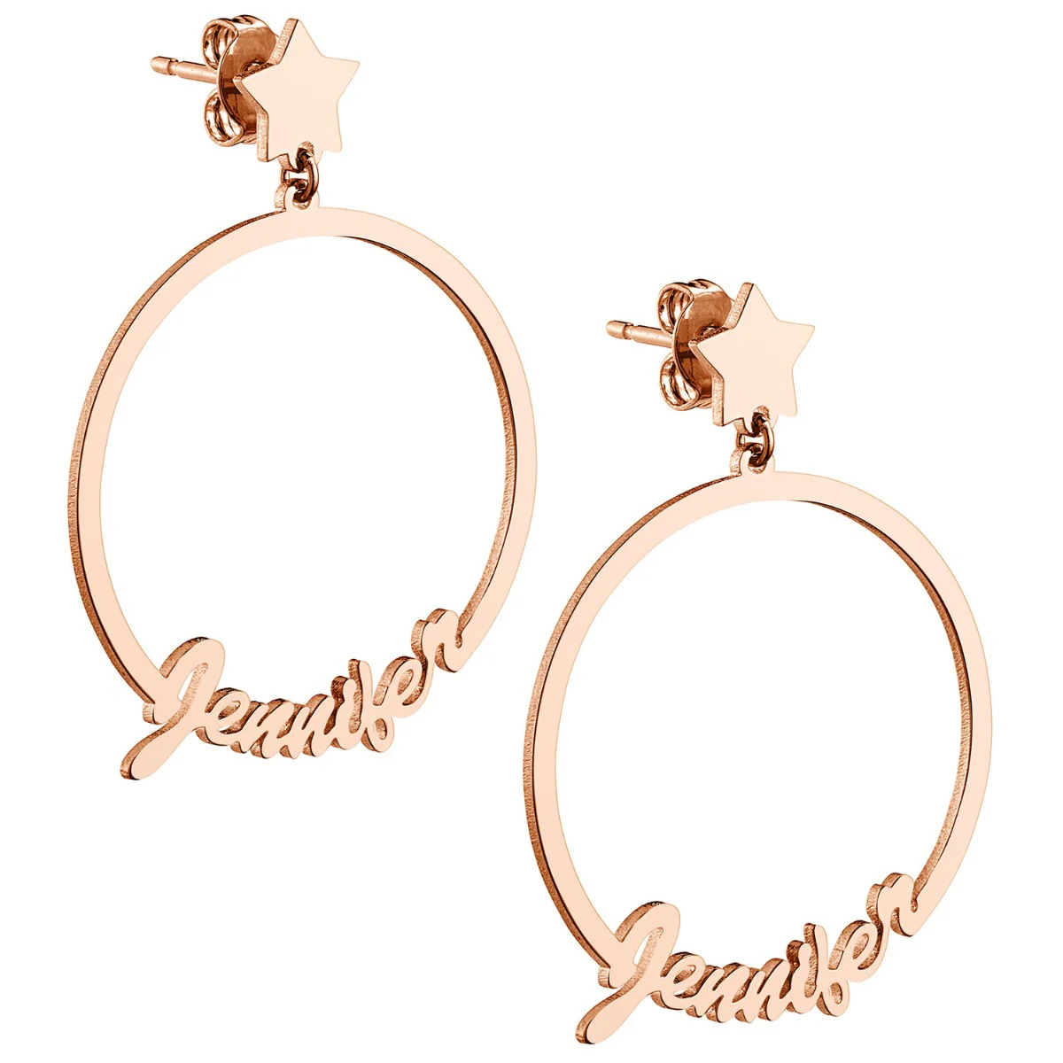 14K Rose Gold Plated Script Name with Star Dangle Earrings - Image 3