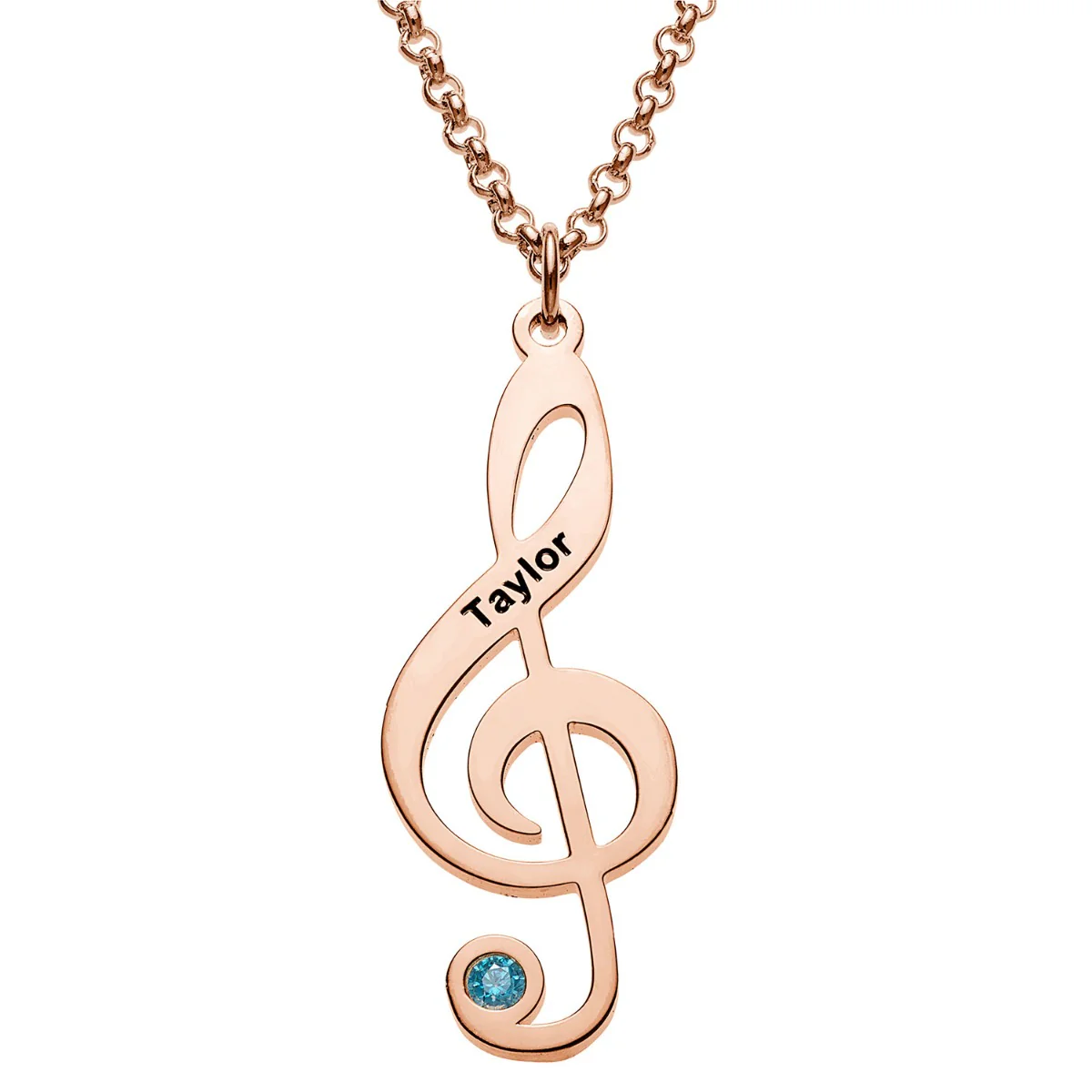 14K Rose Gold Plated Treble Clef Name and Birthstone Necklace
