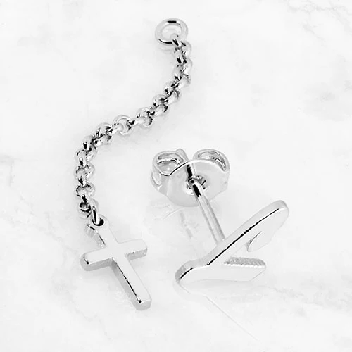Script Initial Earring with Cross Dangle Button Drop Earrings - Image 2