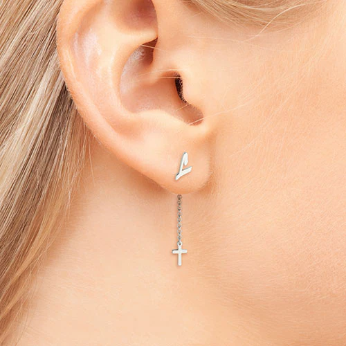 Script Initial Earring with Cross Dangle Button Drop Earrings - Image 5