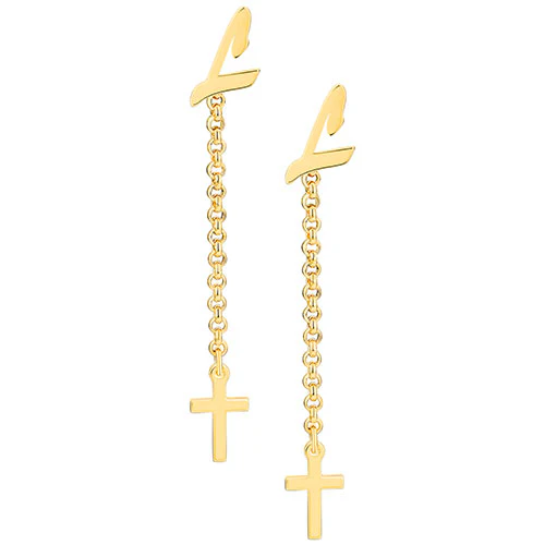 Script Initial Earring with Cross Dangle Button Drop Earrings - Image 6