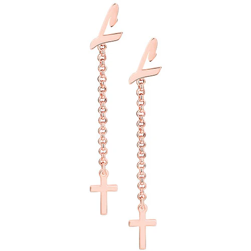 Script Initial Earring with Cross Dangle Button Drop Earrings - Image 8