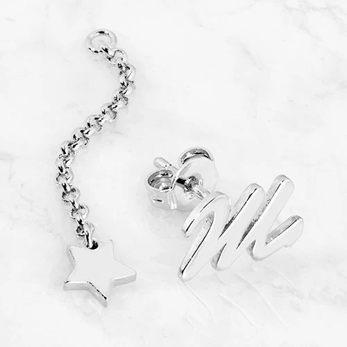 Script Initial Earring with Star Dangle Button Drop Earrings - Image 2