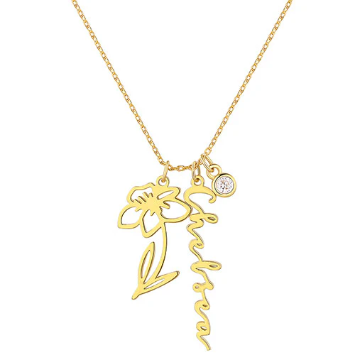 Script Name, Birth Month Flower and Birthstone Cluster Necklace - Image 3
