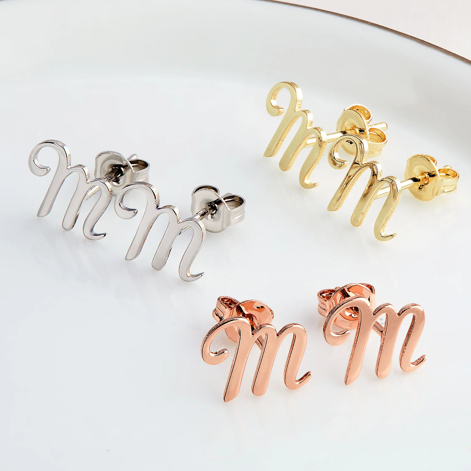 Scroll Fancy Script Initial Button Earrings - Image 6