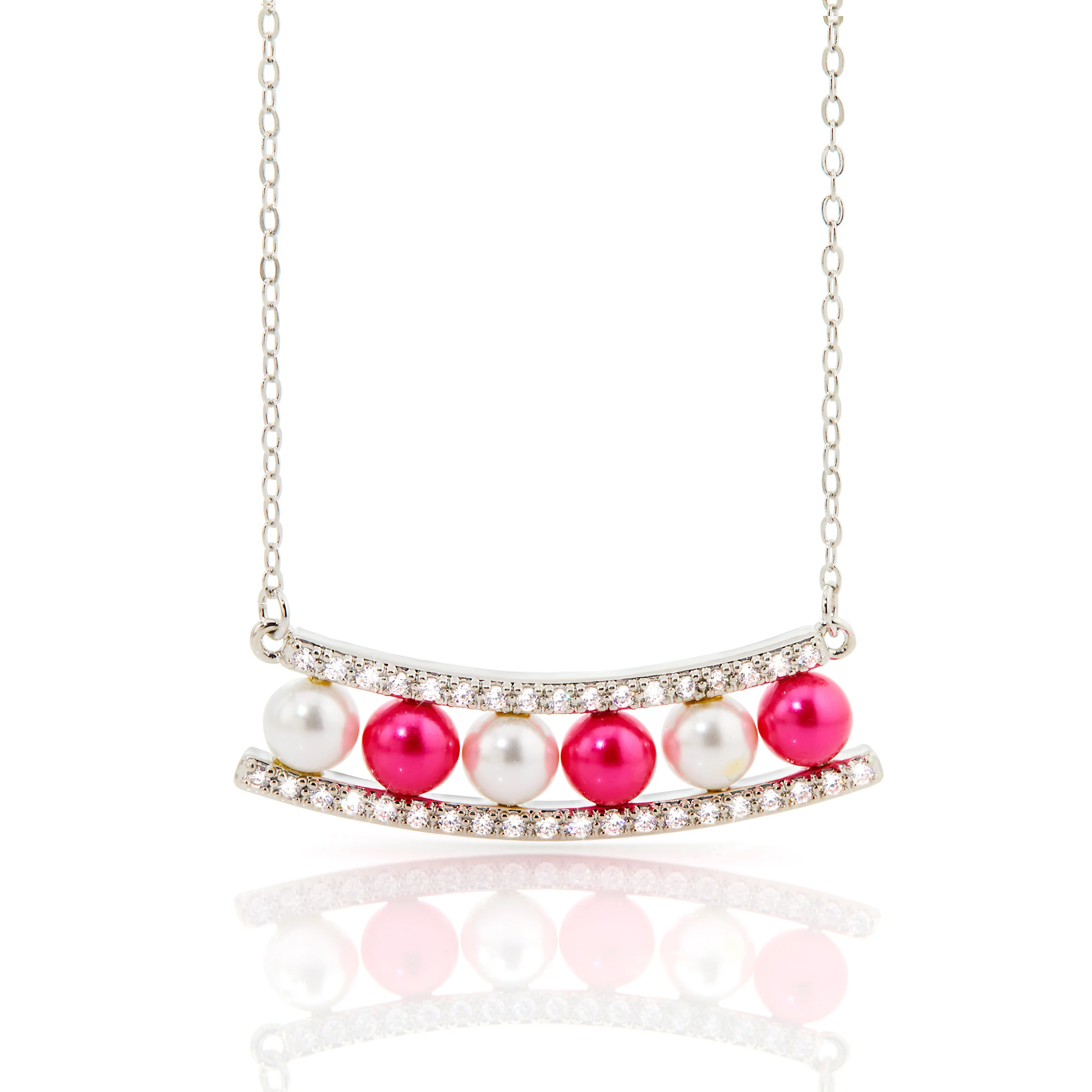 Silver Birthstone Pearl and Clear CZ Bar Necklace - Image 3