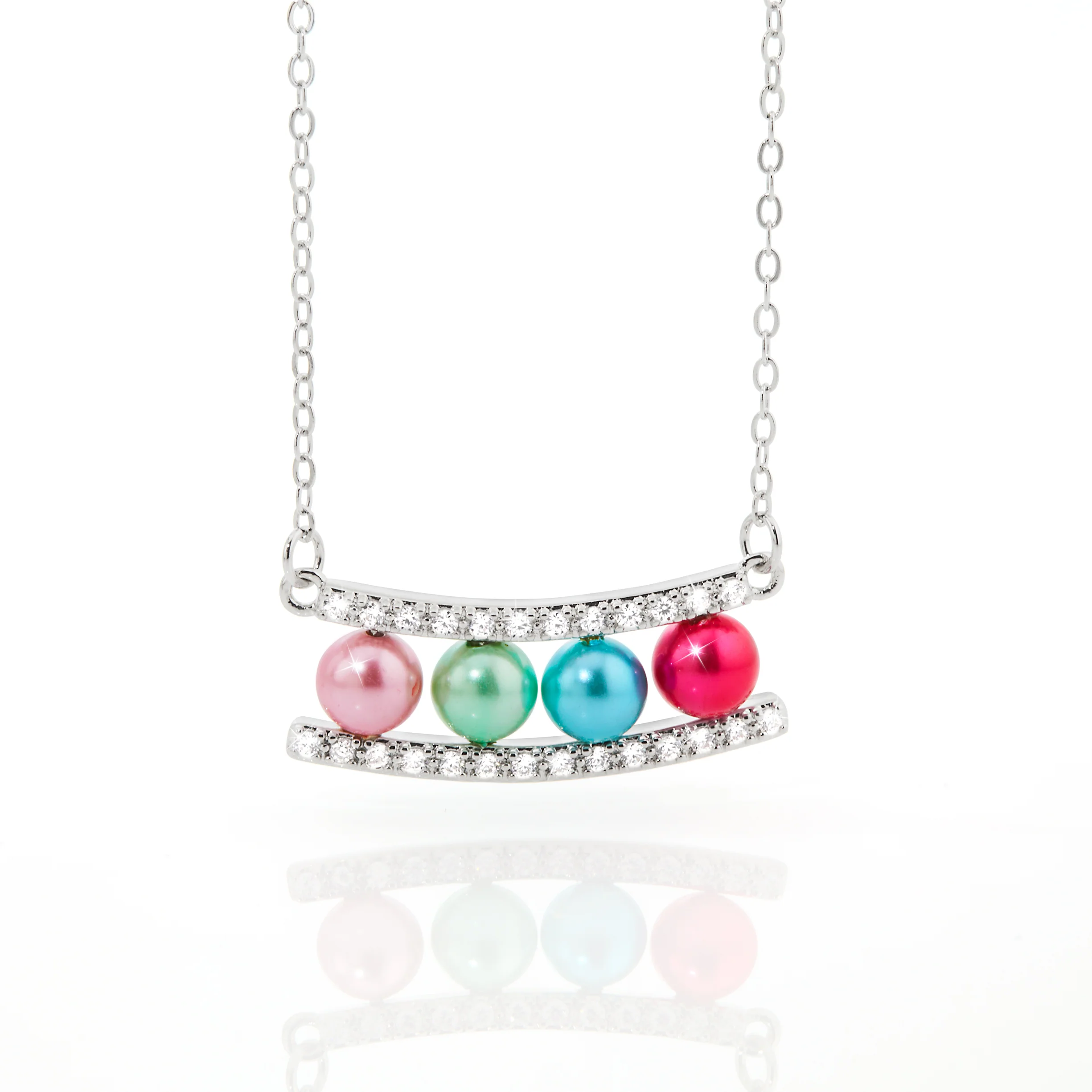 Silver Birthstone Pearl and Clear CZ Bar Necklace - Image 4