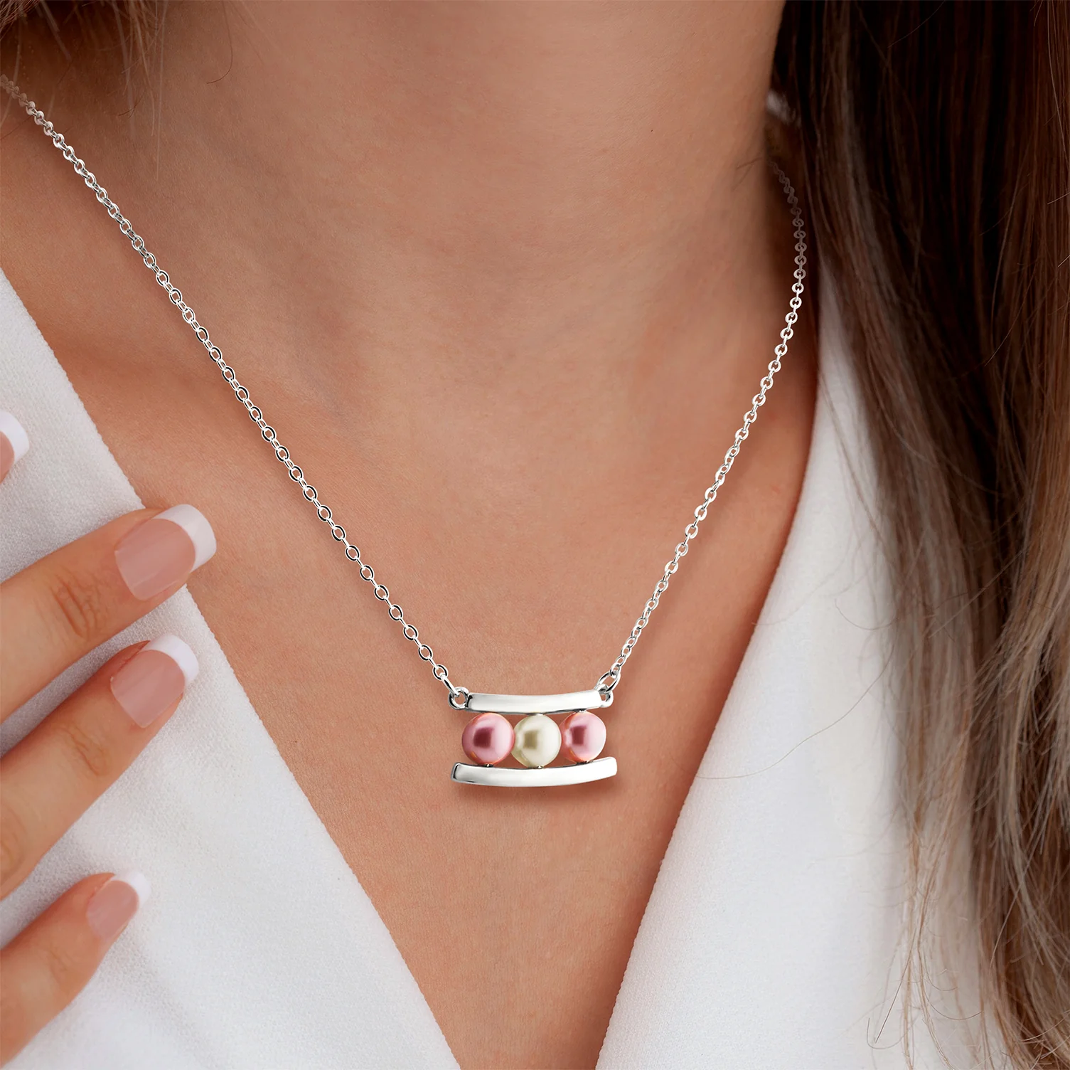 Silver Birthstone Shell Pearl Bar Necklace - Image 2