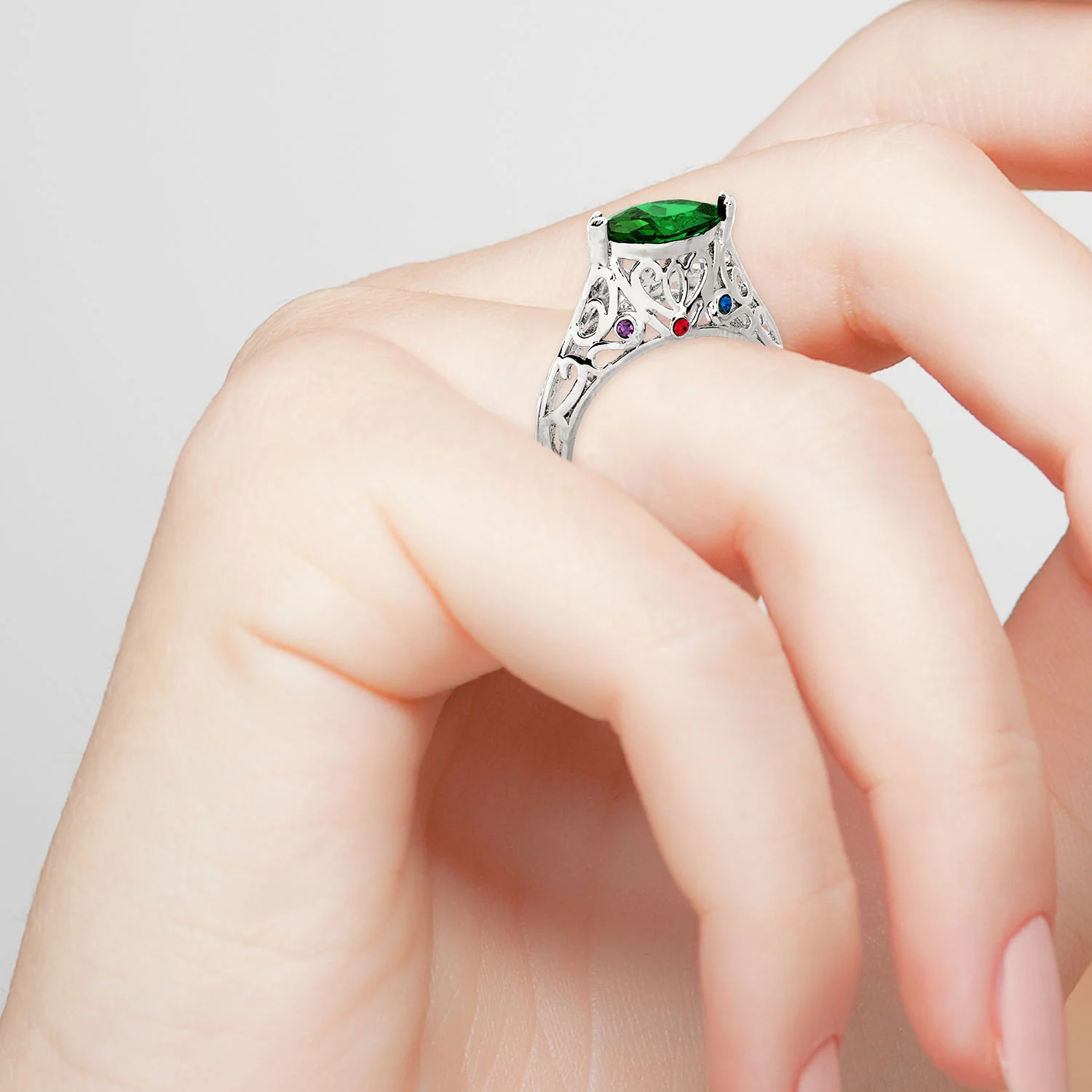 Silver Filigree Art Deco East-West Marquise Family Birthstone Ring - Image 2