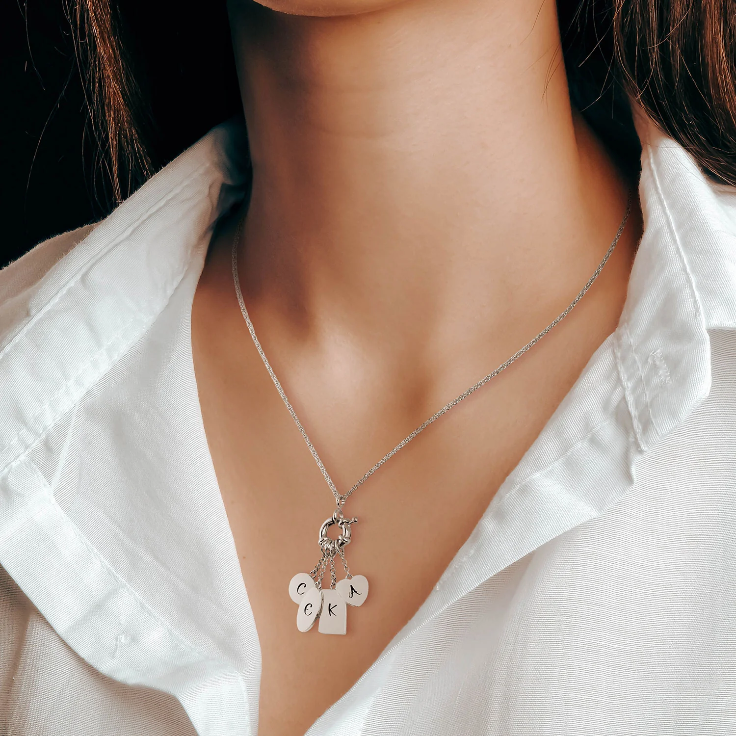 Silver Multishape Engraved Charm Cluster Necklace - 3 to 5 Initials - Image 2